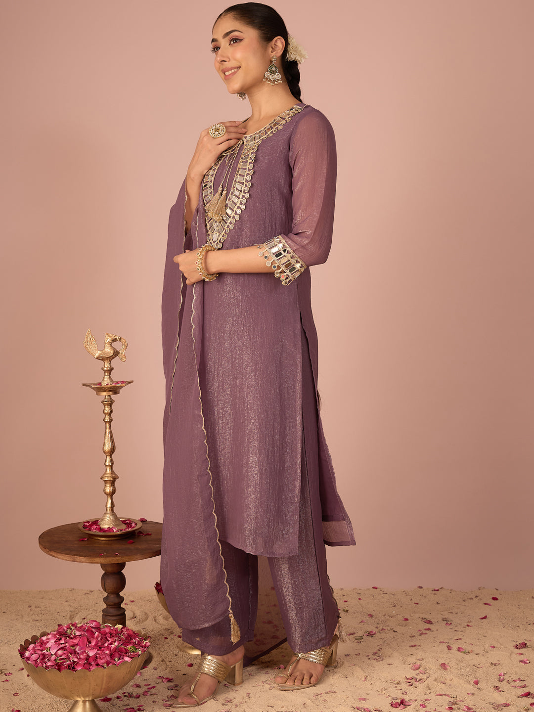 Janasya Women's Lavender Georgette Mirror Embroidered Straight Kurta Set