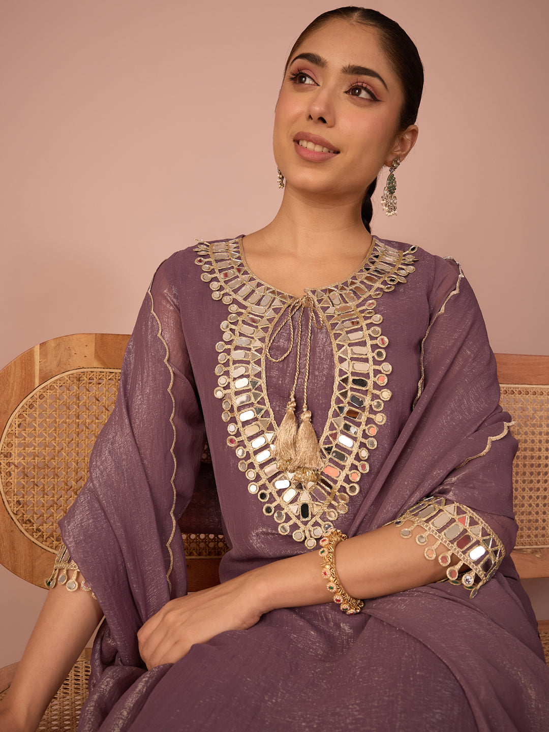 Janasya Women's Lavender Georgette Mirror Embroidered Straight Kurta Set
