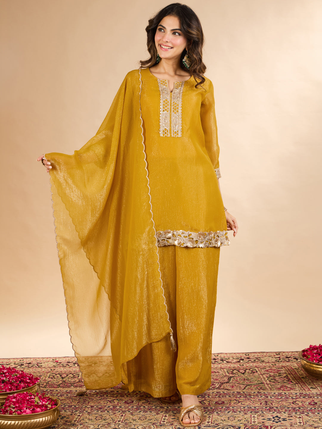 Janasya Women's Mustard Yellow Tissue Silk Floral Zari Embroidered Straight Kurta with Palazzo and Dupatta Set