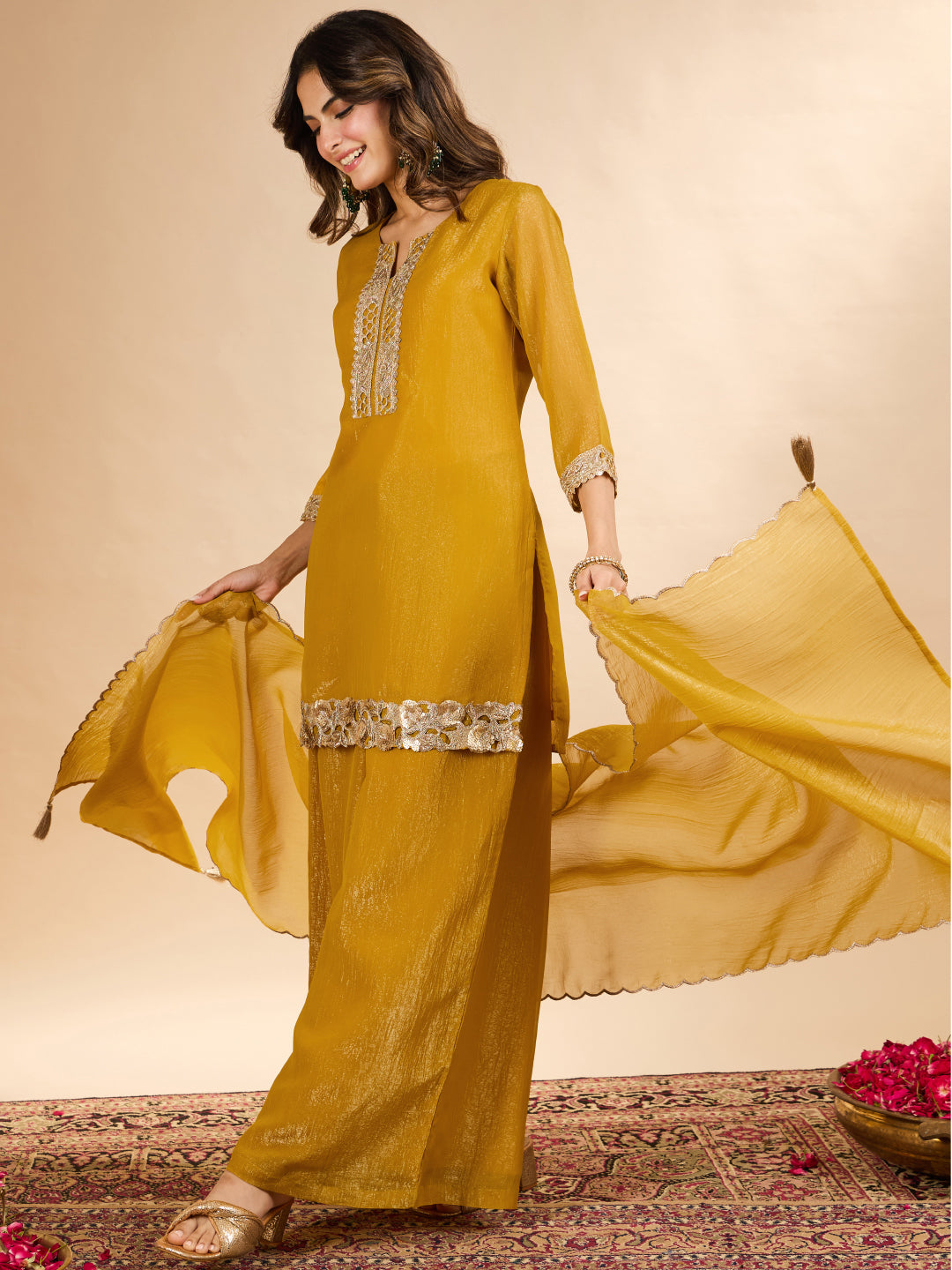 Janasya Women's Mustard Yellow Tissue Silk Floral Zari Embroidered Straight Kurta with Palazzo and Dupatta Set