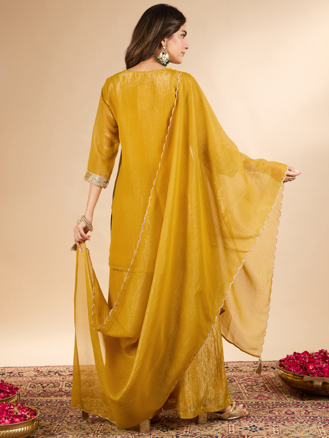 Janasya Women's Mustard Yellow Tissue Silk Floral Zari Embroidered Straight Kurta with Palazzo and Dupatta Set