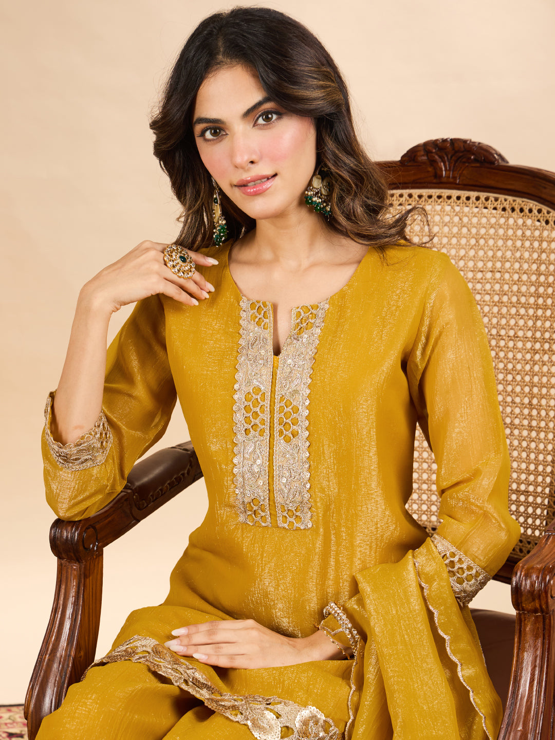 Janasya Women's Mustard Yellow Tissue Silk Floral Zari Embroidered Straight Kurta with Palazzo and Dupatta Set