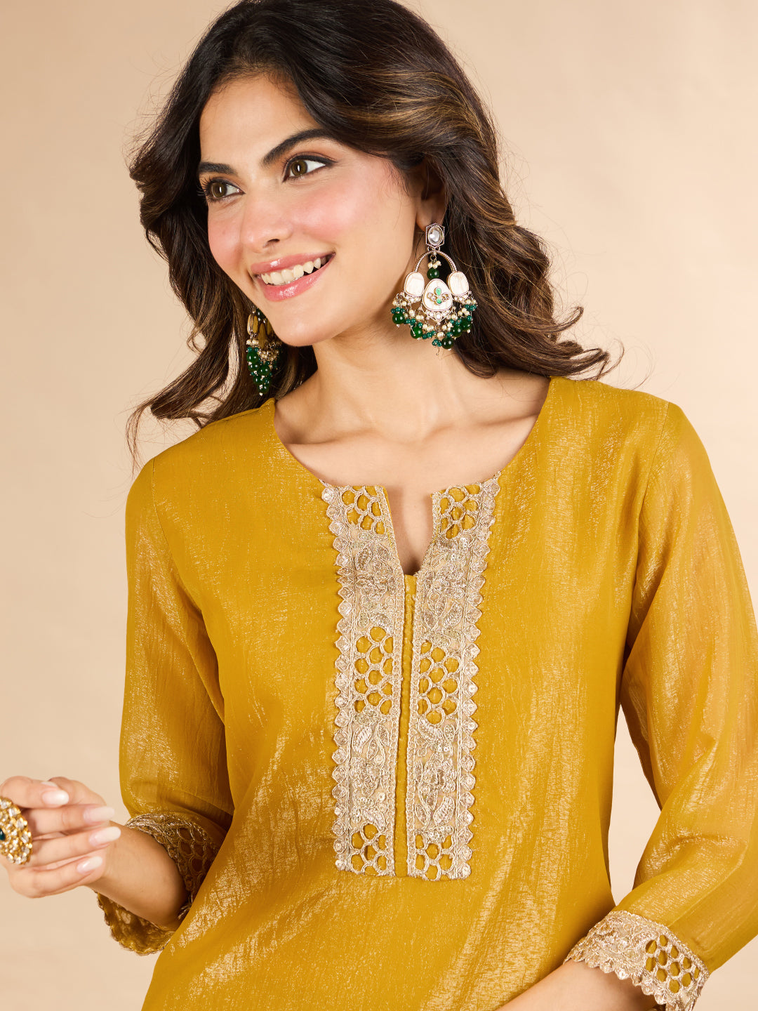 Janasya Women's Mustard Yellow Tissue Silk Floral Zari Embroidered Straight Kurta with Palazzo and Dupatta Set
