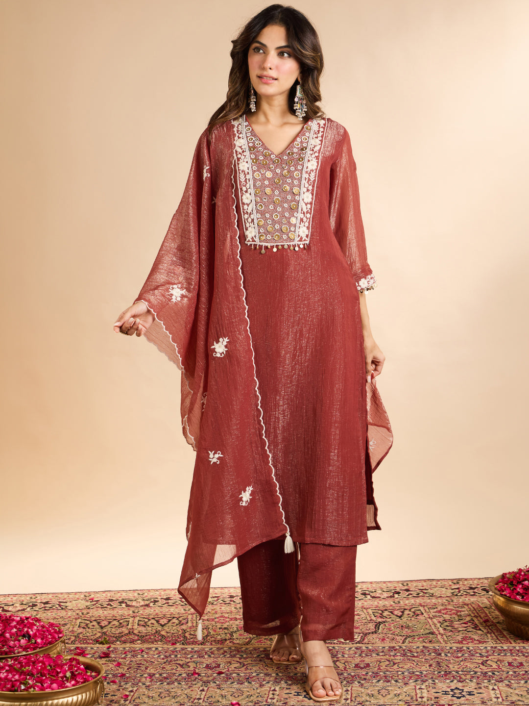Janasya Women's Rust Tissue Silk Floral Pearl Beads Embroidered Straight Kurta Set