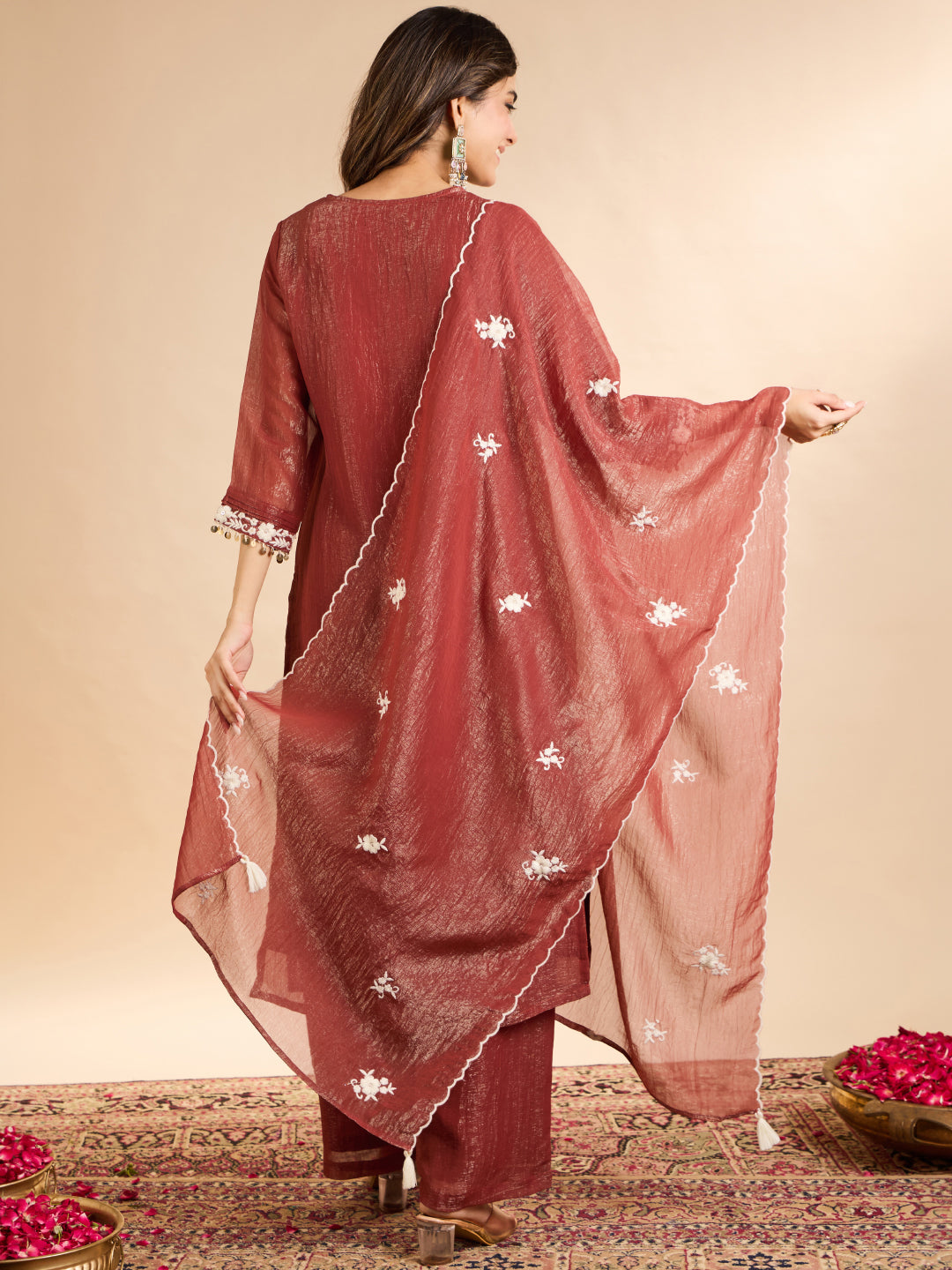 Janasya Women's Rust Tissue Silk Floral Pearl Beads Embroidered Straight Kurta Set