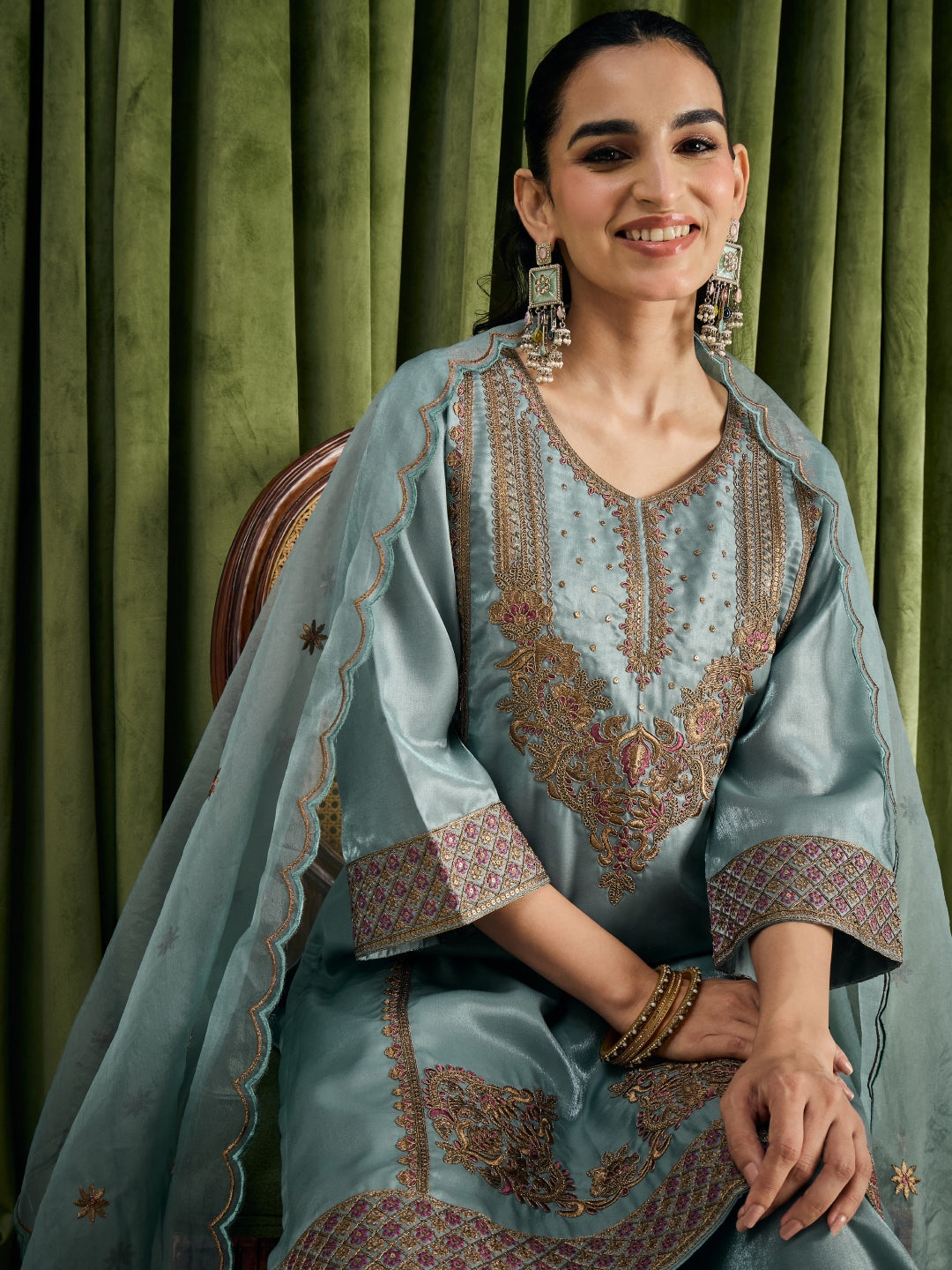 Janasya Women's Blue Silk Blend Floral Zari Embroidered Straight Kurta with Palazzo and Dupatta Set