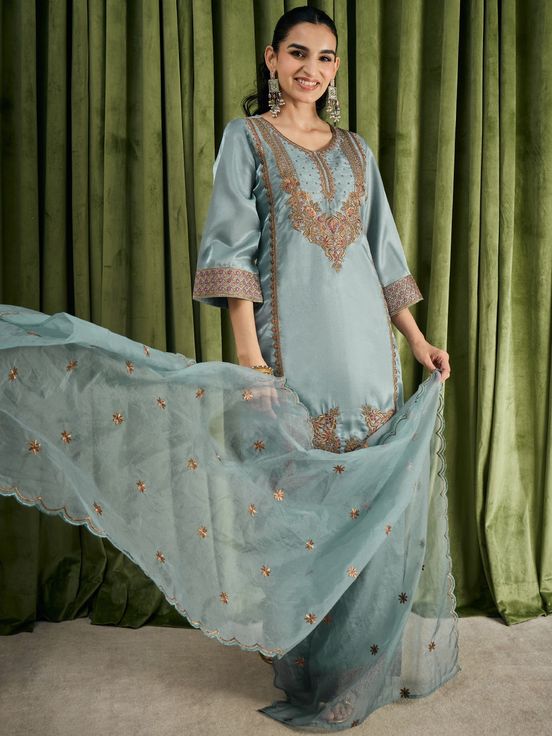 Janasya Women's Blue Silk Blend Floral Zari Embroidered Straight Kurta with Palazzo and Dupatta Set