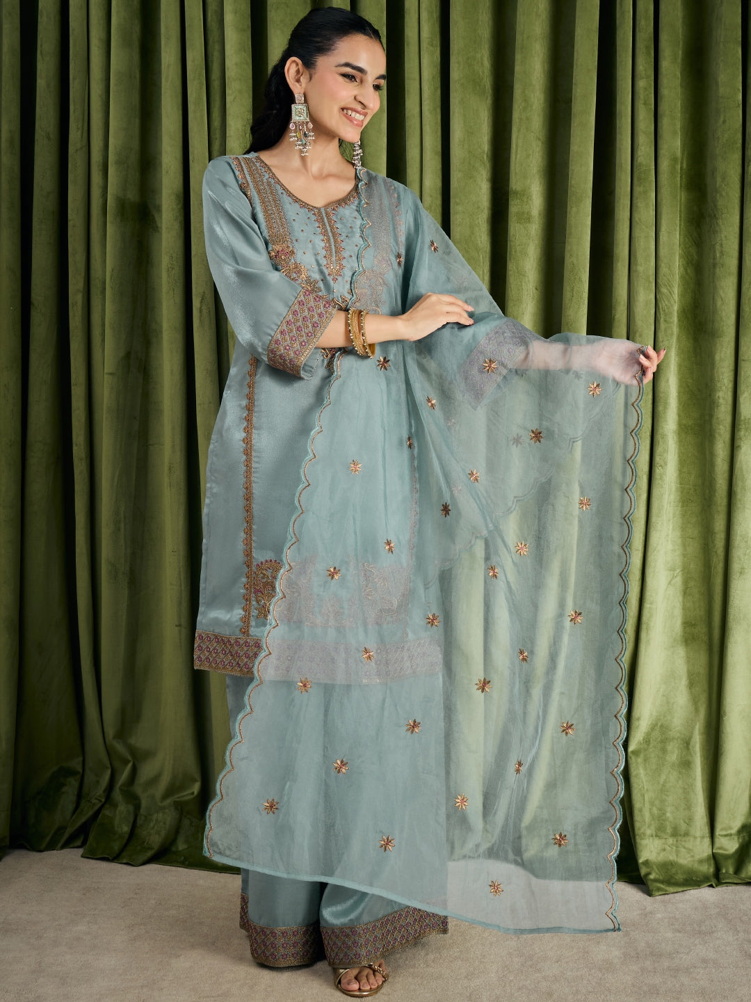 Janasya Women's Blue Silk Blend Floral Zari Embroidered Straight Kurta with Palazzo and Dupatta Set