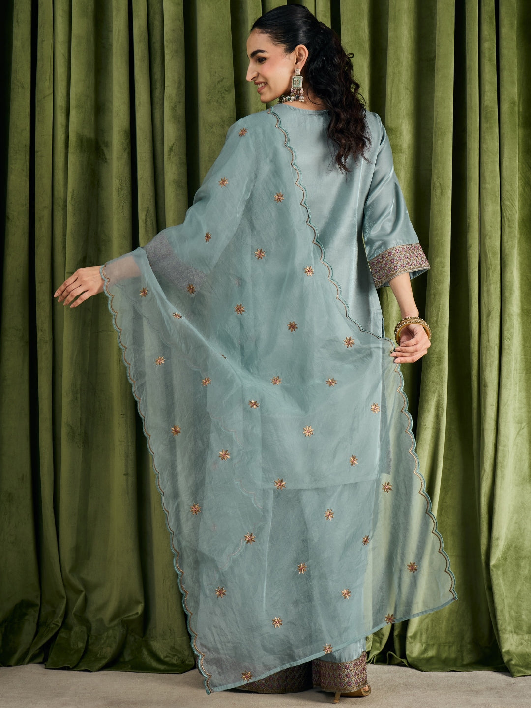 Janasya Women's Blue Silk Blend Floral Zari Embroidered Straight Kurta with Palazzo and Dupatta Set