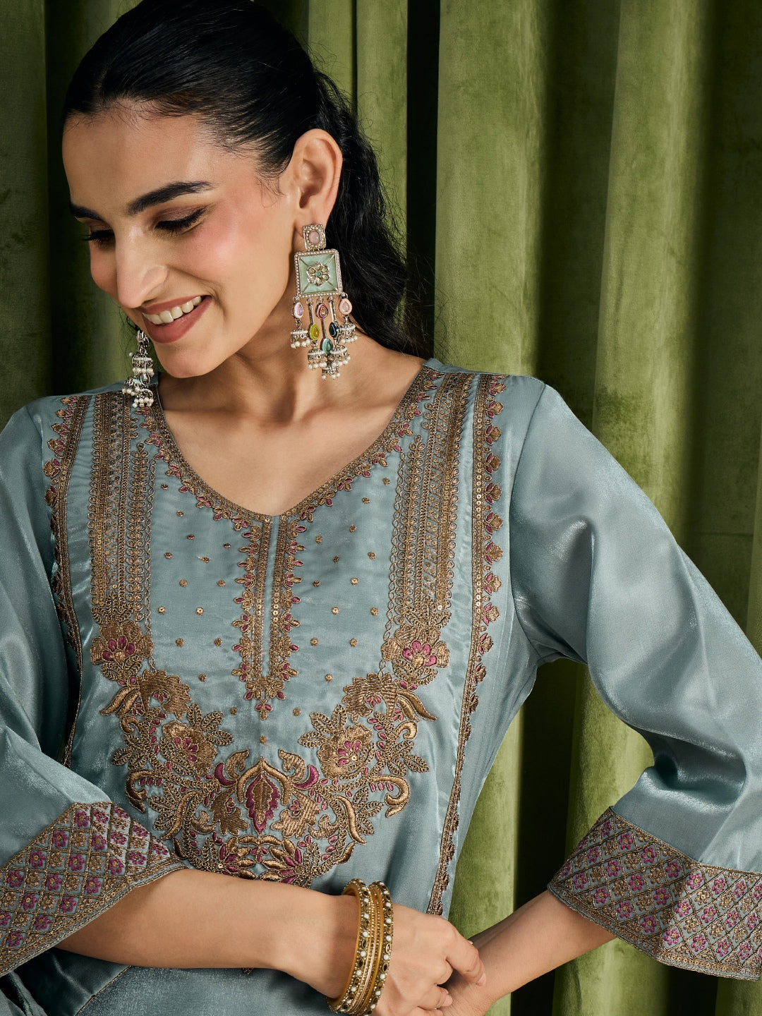 Janasya Women's Blue Silk Blend Floral Zari Embroidered Straight Kurta with Palazzo and Dupatta Set