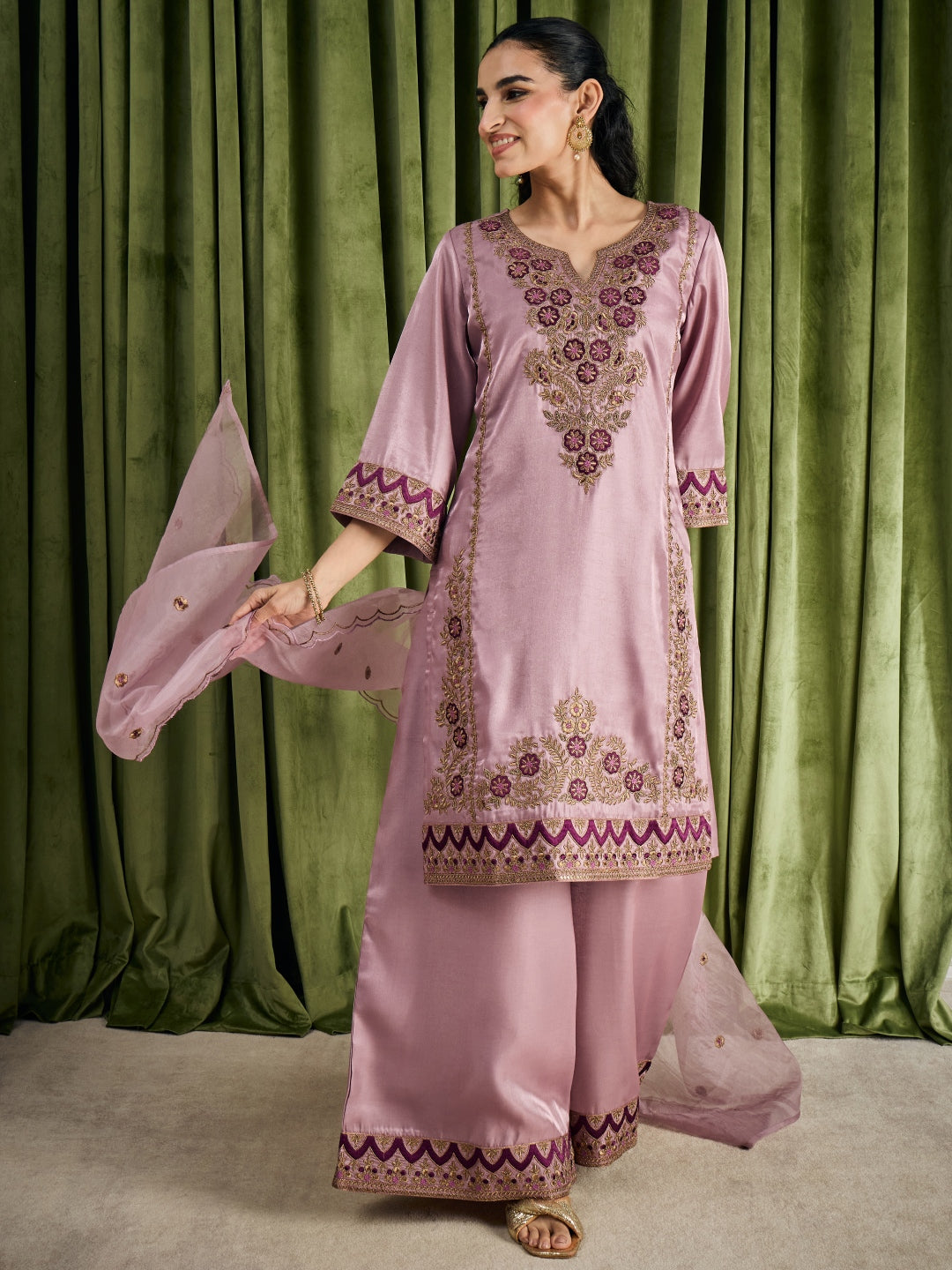 Janasya Women's Lavender Silk Blend Floral Zari Embroidered Straight Kurta with Palazzo and Dupatta Set