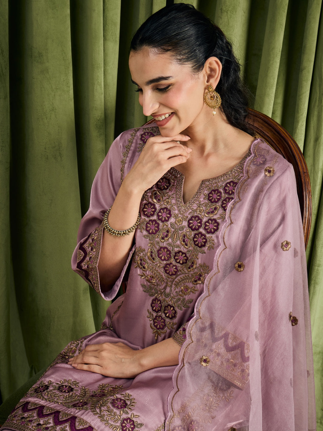 Janasya Women's Lavender Silk Blend Floral Zari Embroidered Straight Kurta with Palazzo and Dupatta Set