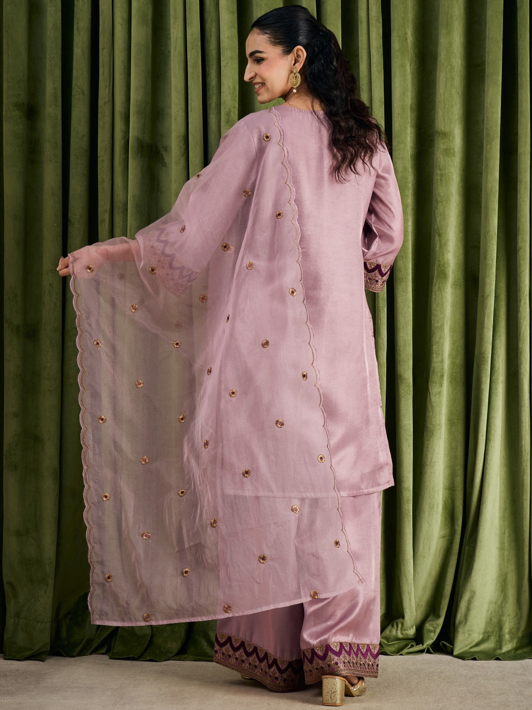 Janasya Women's Lavender Silk Blend Floral Zari Embroidered Straight Kurta with Palazzo and Dupatta Set