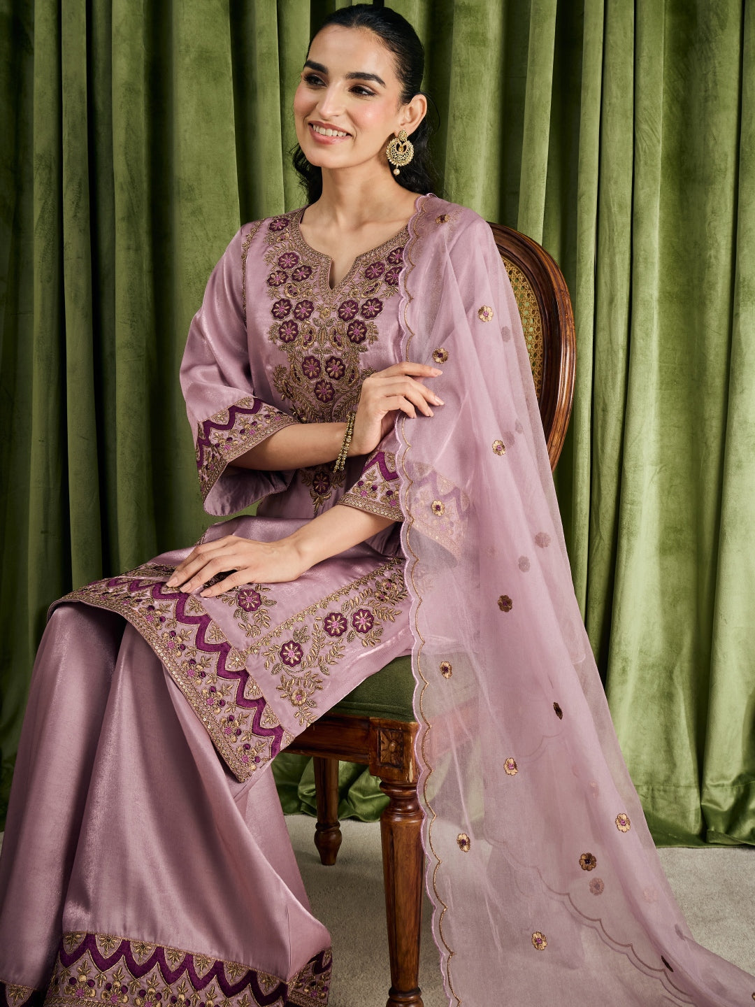 Janasya Women's Lavender Silk Blend Floral Zari Embroidered Straight Kurta with Palazzo and Dupatta Set