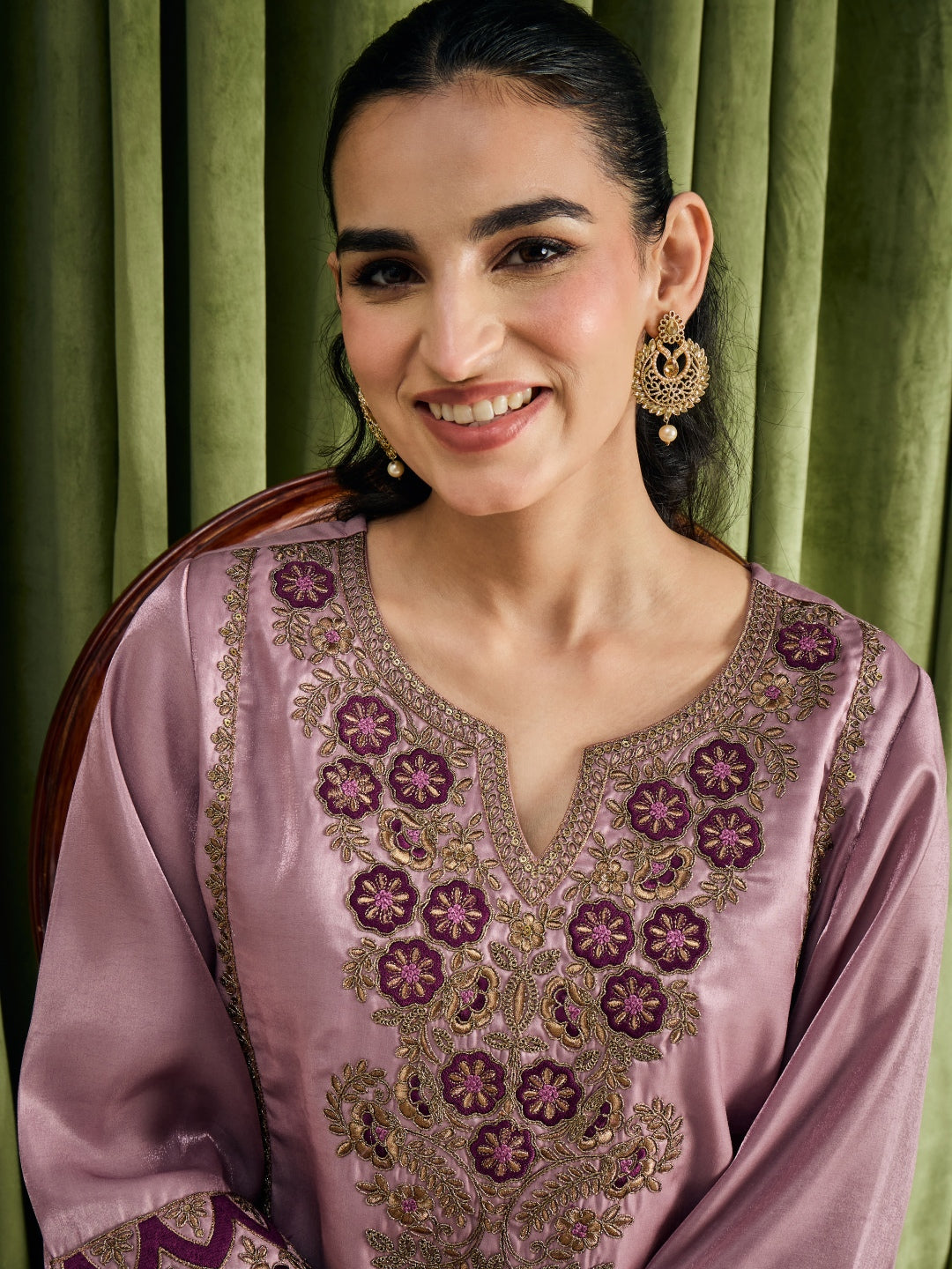 Janasya Women's Lavender Silk Blend Floral Zari Embroidered Straight Kurta with Palazzo and Dupatta Set