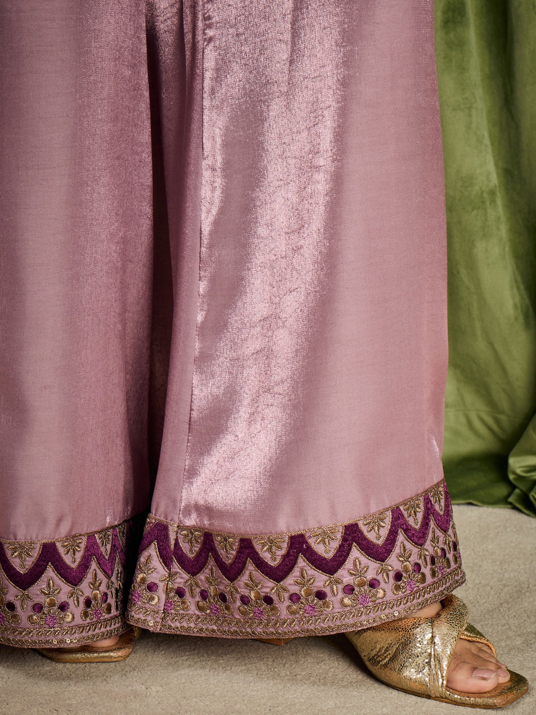 Janasya Women's Lavender Silk Blend Floral Zari Embroidered Straight Kurta with Palazzo and Dupatta Set