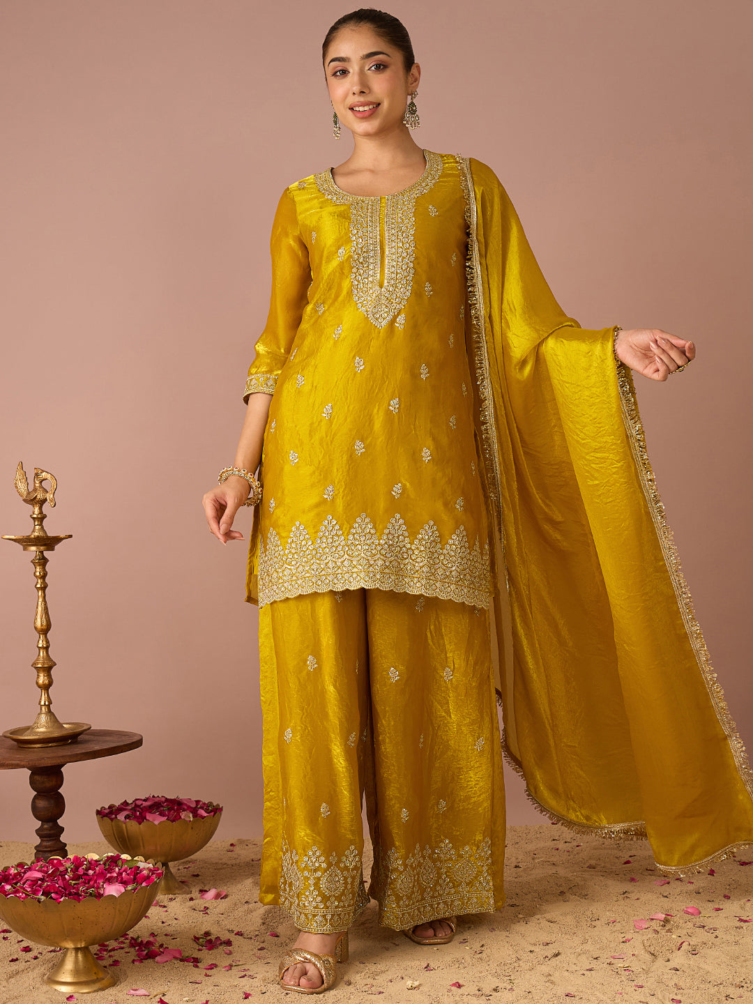 Janasya Women's Yellow Silk Blend Floral Zari Embroidered Straight Kurta with Palazzo And Dupatta Set