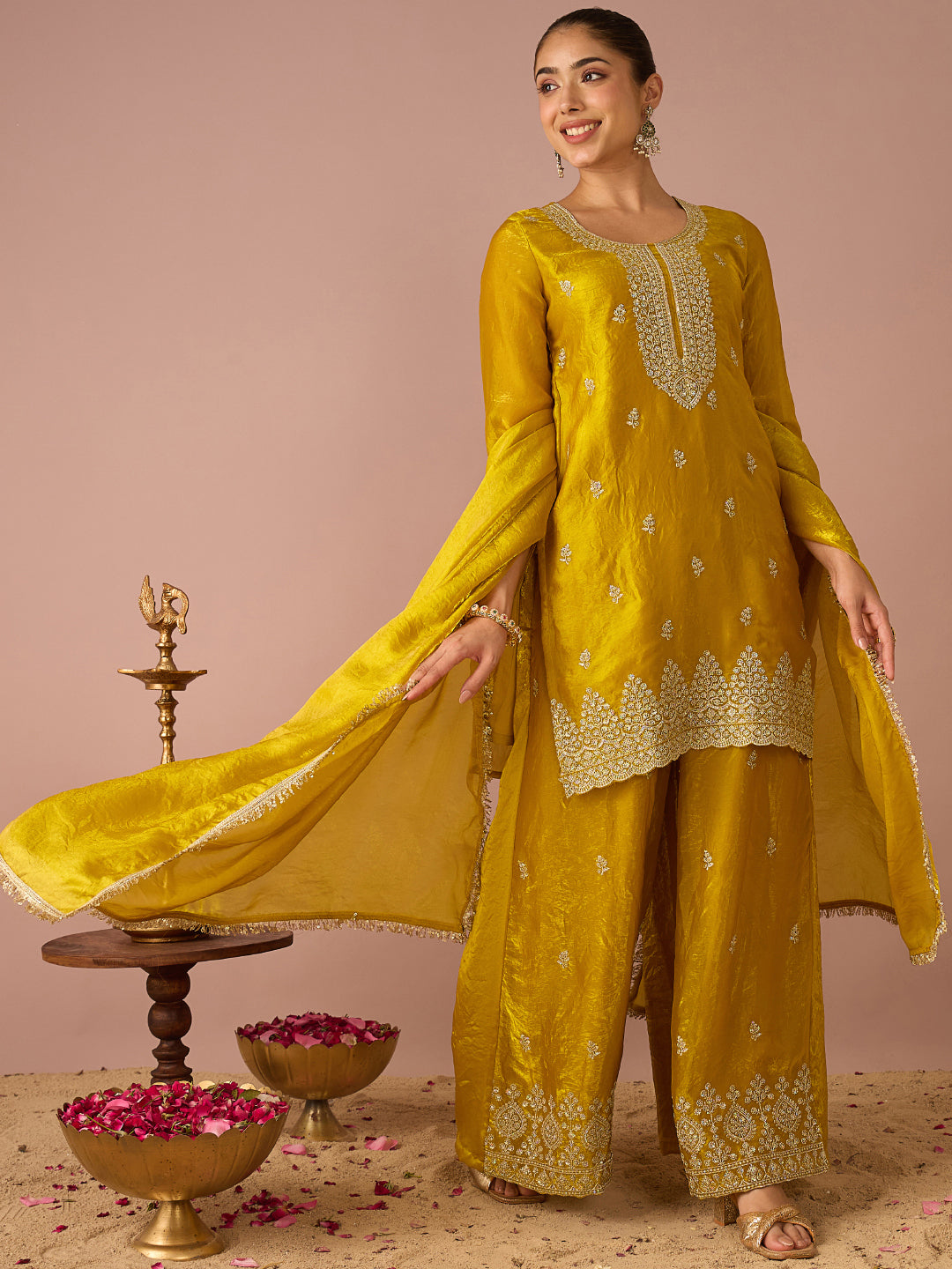 Janasya Women's Yellow Silk Blend Floral Zari Embroidered Straight Kurta with Palazzo And Dupatta Set