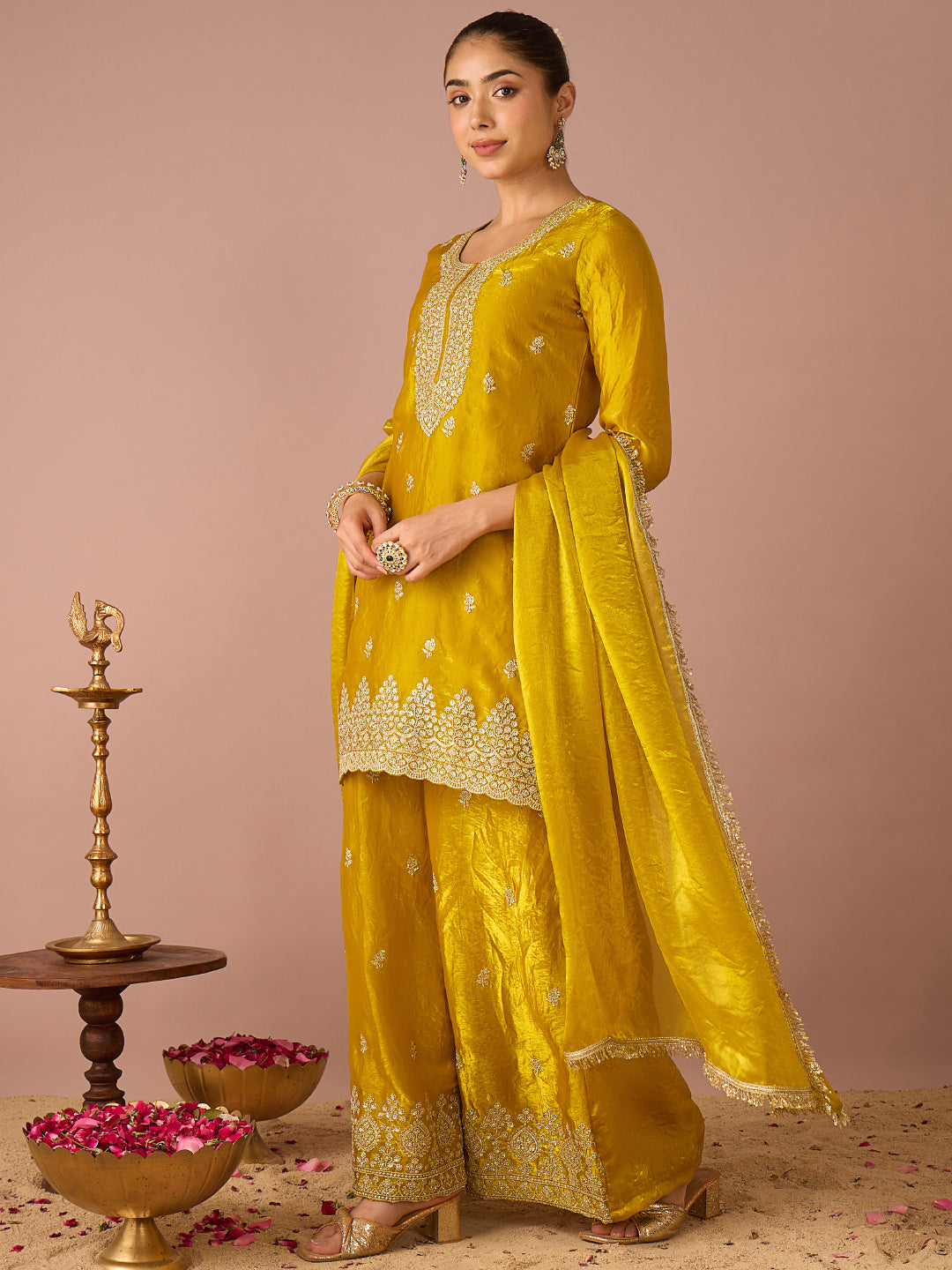 Janasya Women's Yellow Silk Blend Floral Zari Embroidered Straight Kurta with Palazzo And Dupatta Set