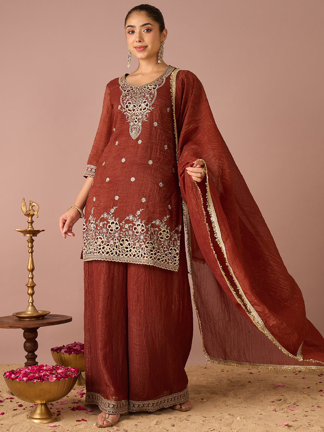 Janasya Women's Rust Tissue Silk Floral Zari Embroidered Straight Kurta with Palazzo And Dupatta Set