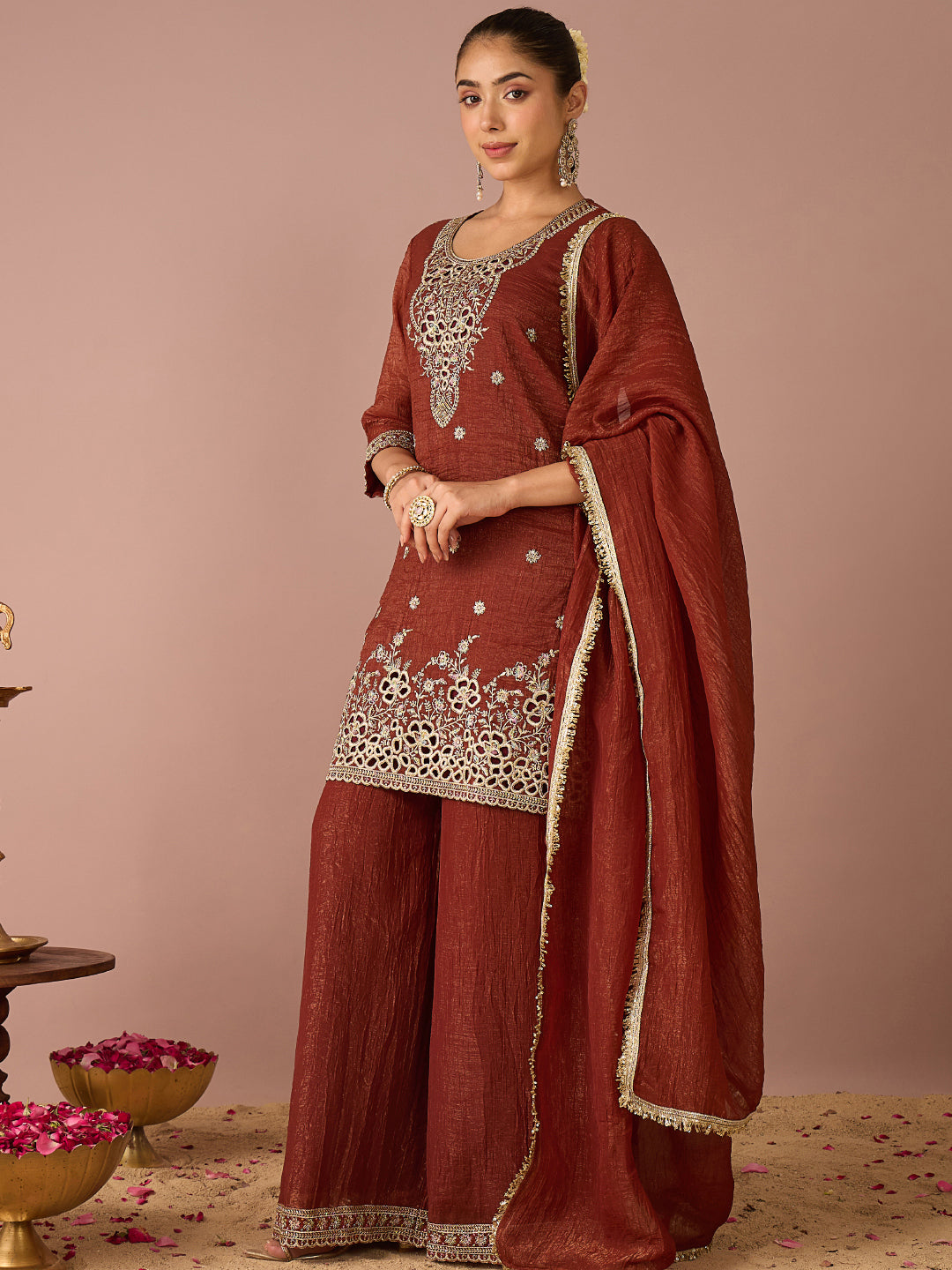 Janasya Women's Rust Tissue Silk Floral Zari Embroidered Straight Kurta with Palazzo And Dupatta Set