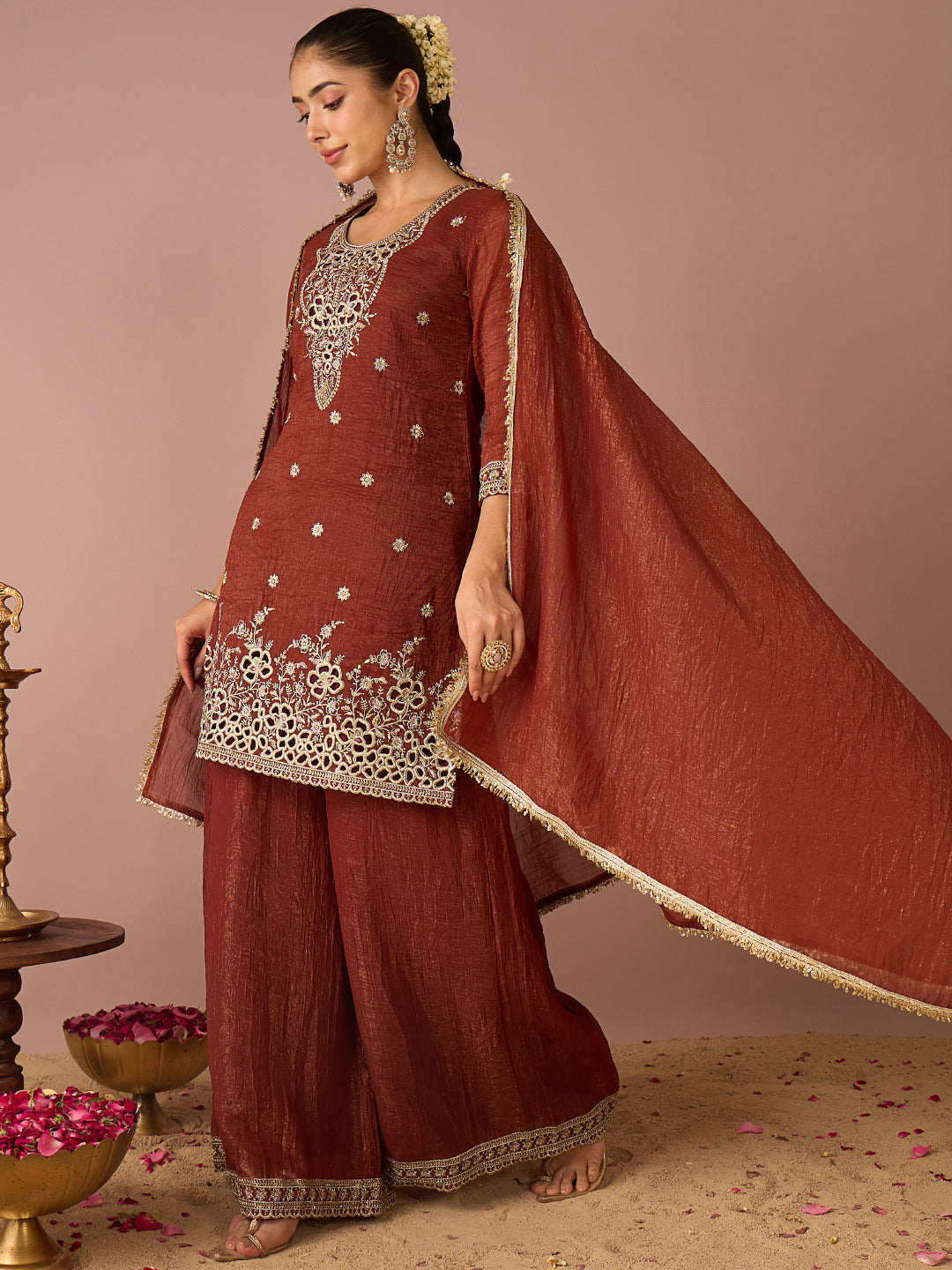 Janasya Women's Rust Tissue Silk Floral Zari Embroidered Straight Kurta with Palazzo And Dupatta Set