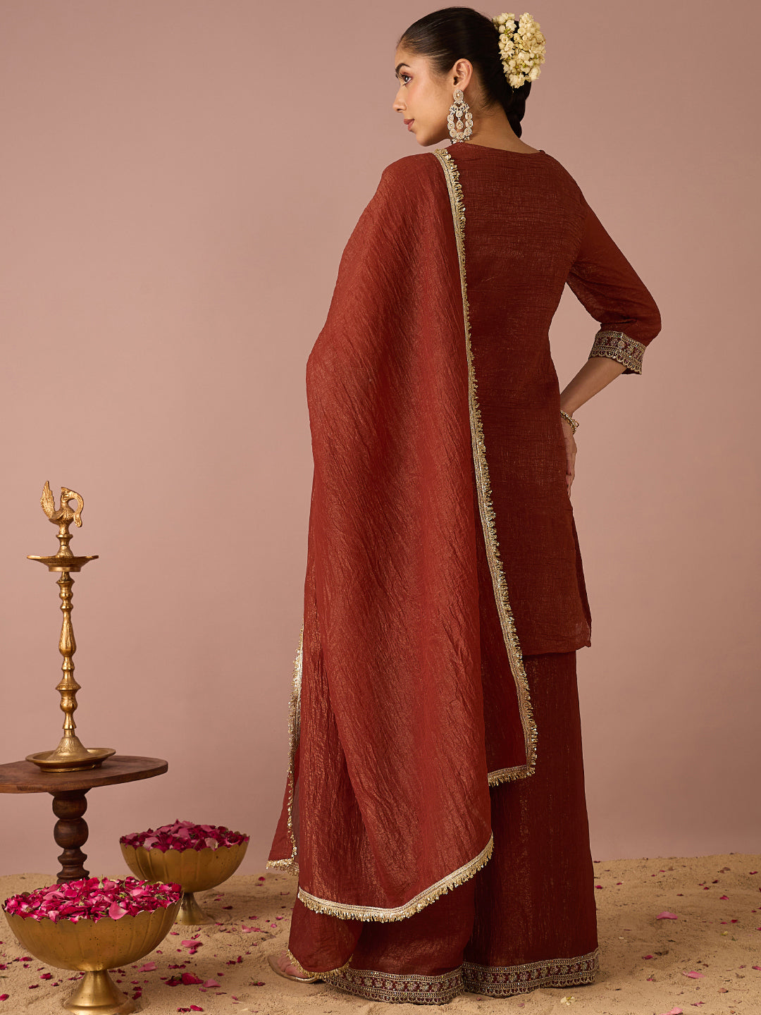 Janasya Women's Rust Tissue Silk Floral Zari Embroidered Straight Kurta with Palazzo And Dupatta Set