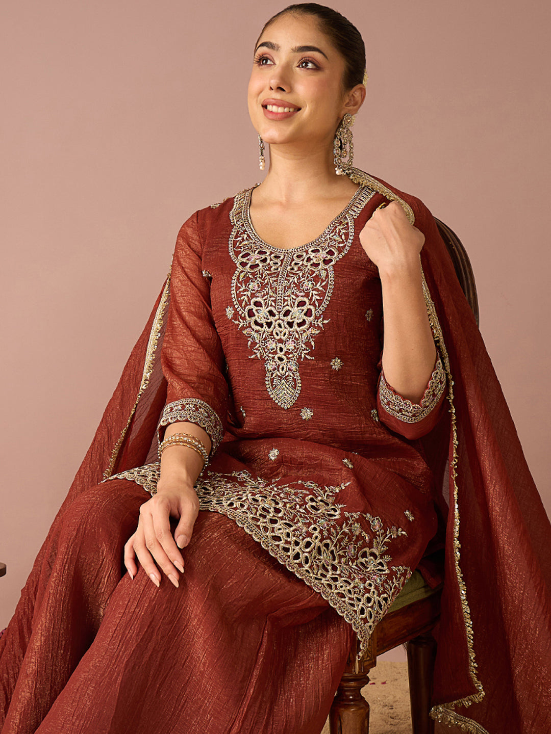 Janasya Women's Rust Tissue Silk Floral Zari Embroidered Straight Kurta with Palazzo And Dupatta Set