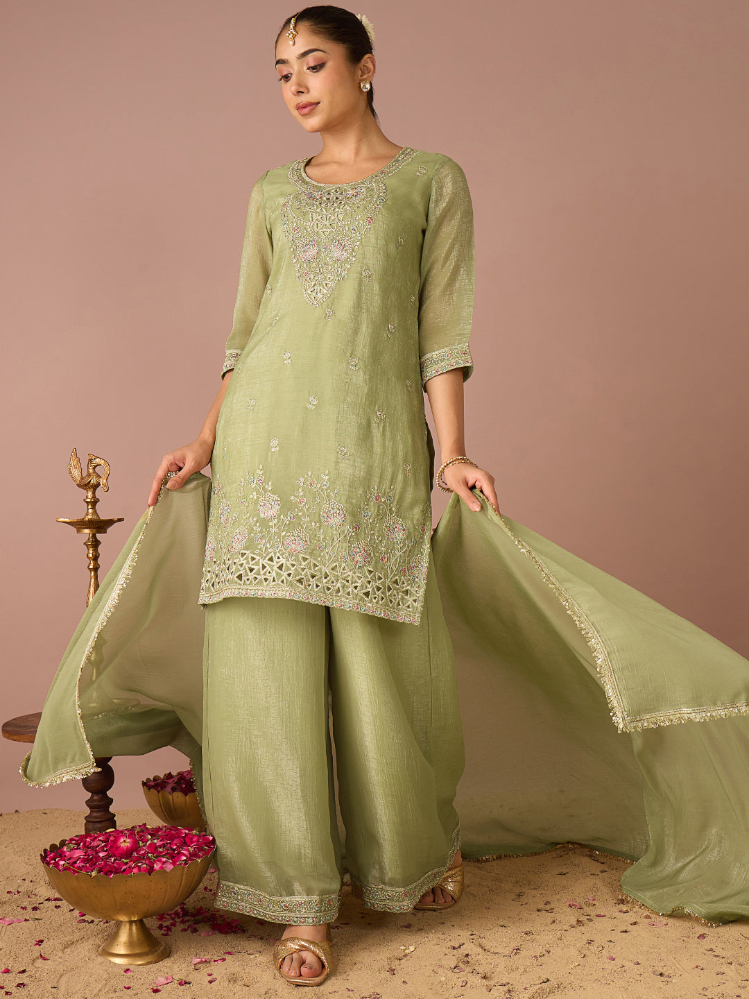 Janasya Women's Sage Green Tissue Silk Floral Zari Embroidered Straight Kurta with Palazzo And Dupatta Set