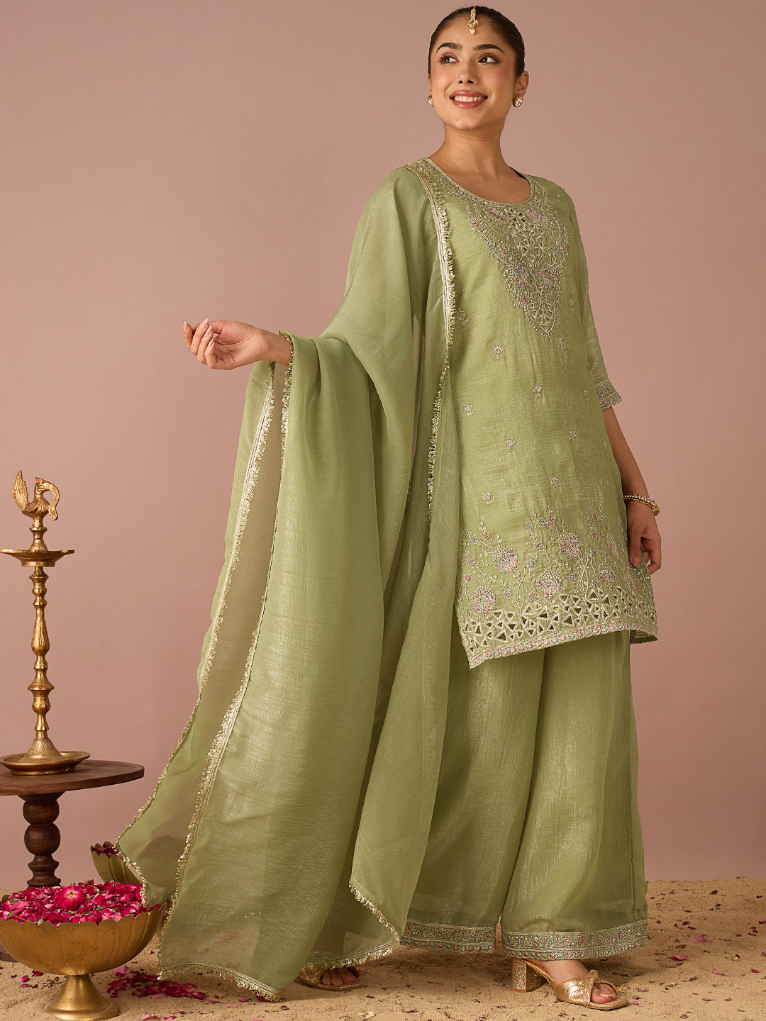 Janasya Women's Sage Green Tissue Silk Floral Zari Embroidered Straight Kurta with Palazzo And Dupatta Set