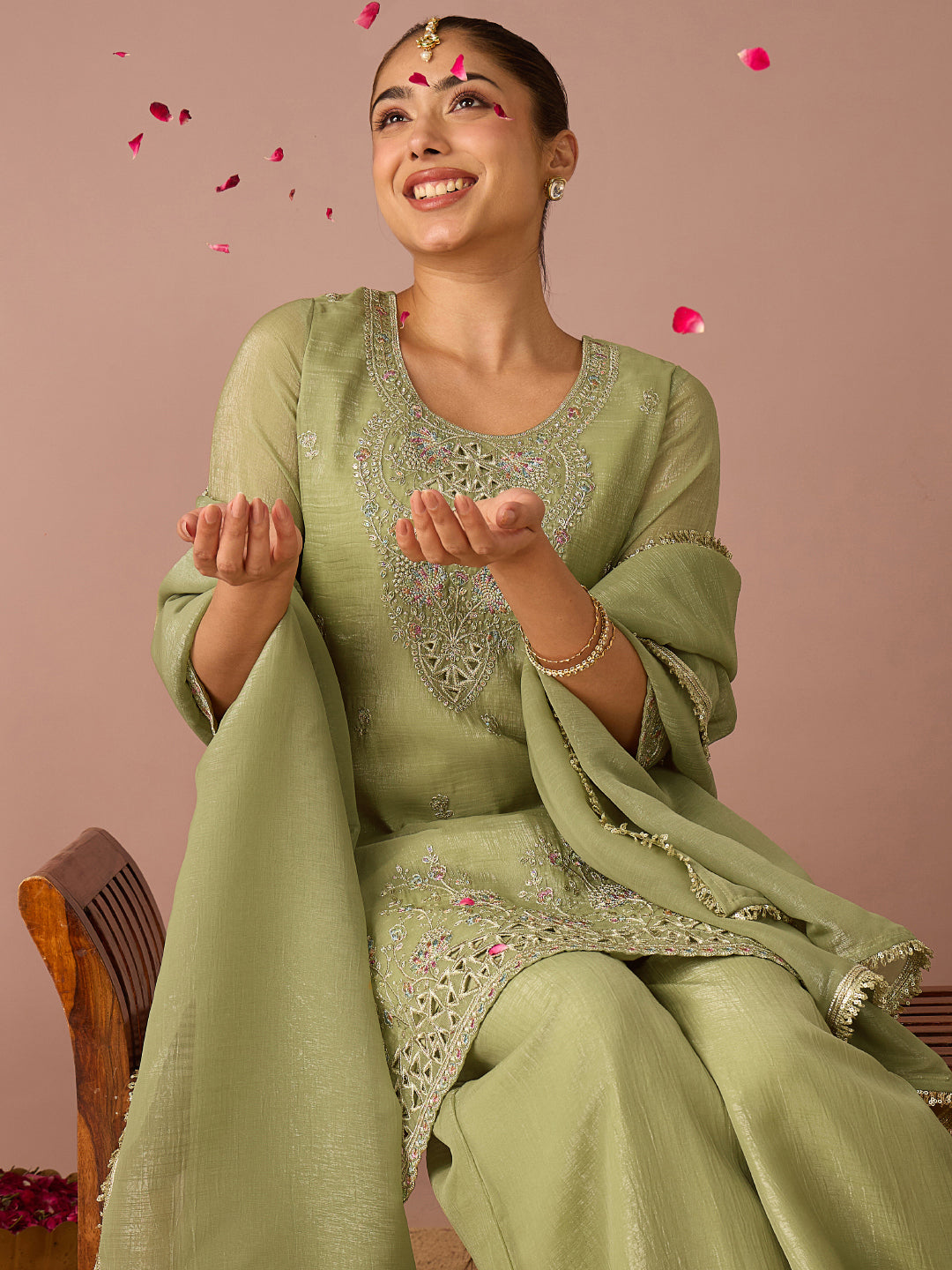 Janasya Women's Sage Green Tissue Silk Floral Zari Embroidered Straight Kurta with Palazzo And Dupatta Set