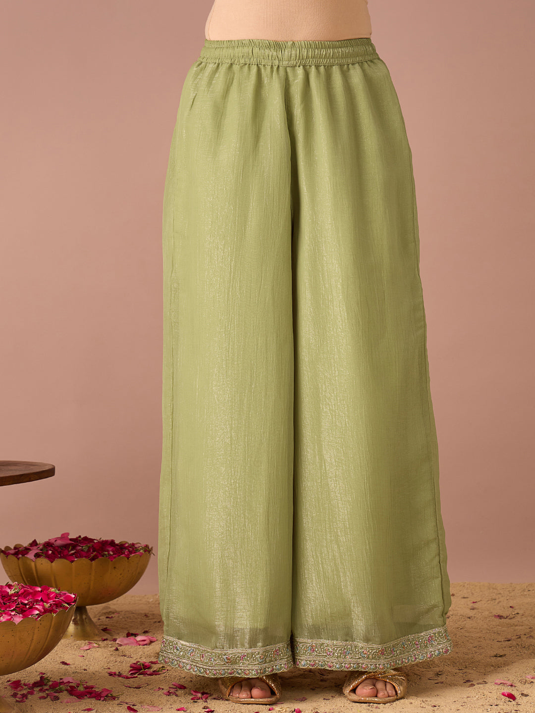 Janasya Women's Sage Green Tissue Silk Floral Zari Embroidered Straight Kurta with Palazzo And Dupatta Set