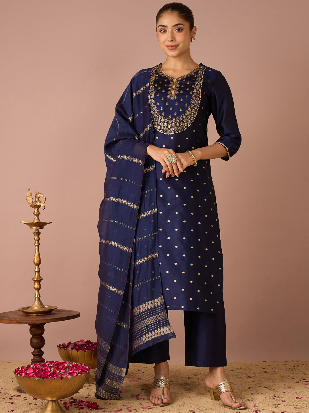Janasya Women's Navy Blue Chanderi Silk Floral Zari Embroidered Straight Kurta Set