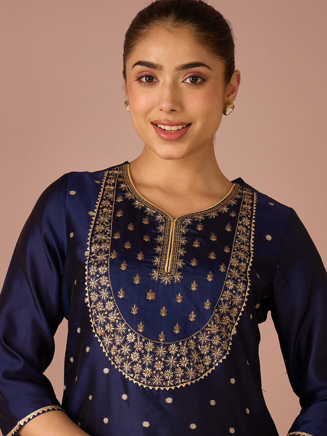 Janasya Women's Navy Blue Chanderi Silk Floral Zari Embroidered Straight Kurta Set