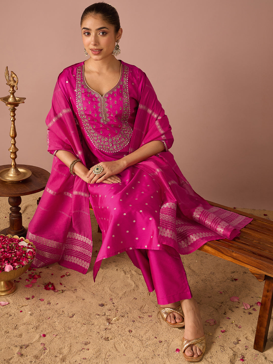 Janasya Women's Pink Chanderi Silk Floral Zari Embroidered Straight Kurta Set