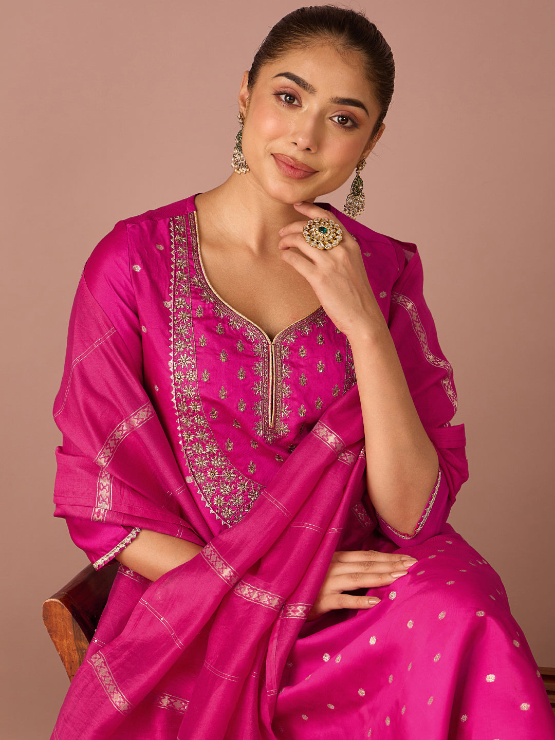 Janasya Women's Pink Chanderi Silk Floral Zari Embroidered Straight Kurta Set