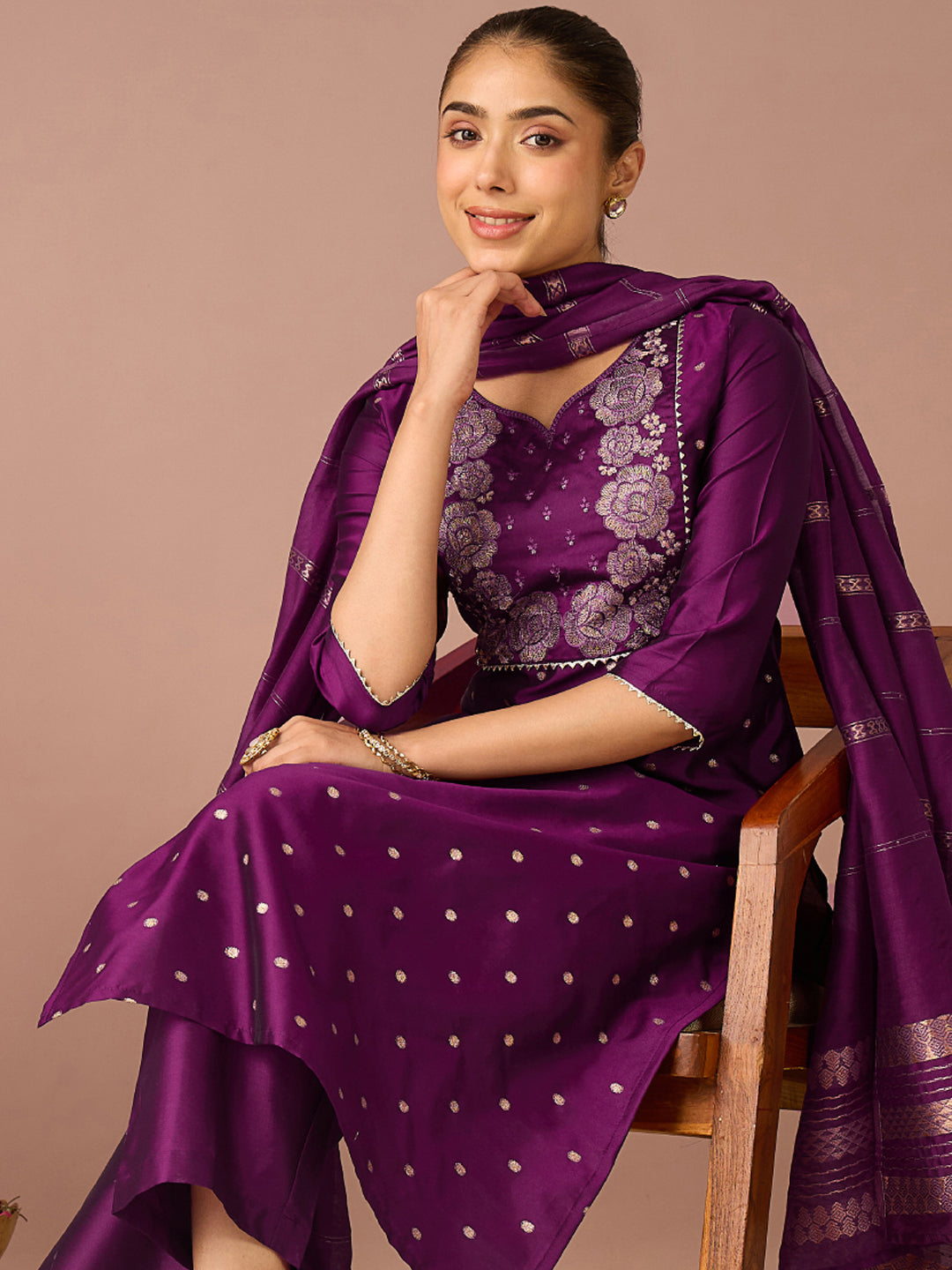 Janasya Women's Purple Chanderi Silk Floral Zari Embroidered Straight Kurta Set