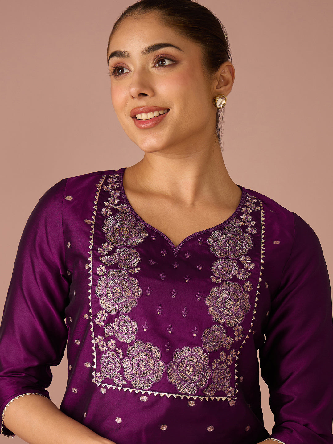 Janasya Women's Purple Chanderi Silk Floral Zari Embroidered Straight Kurta Set