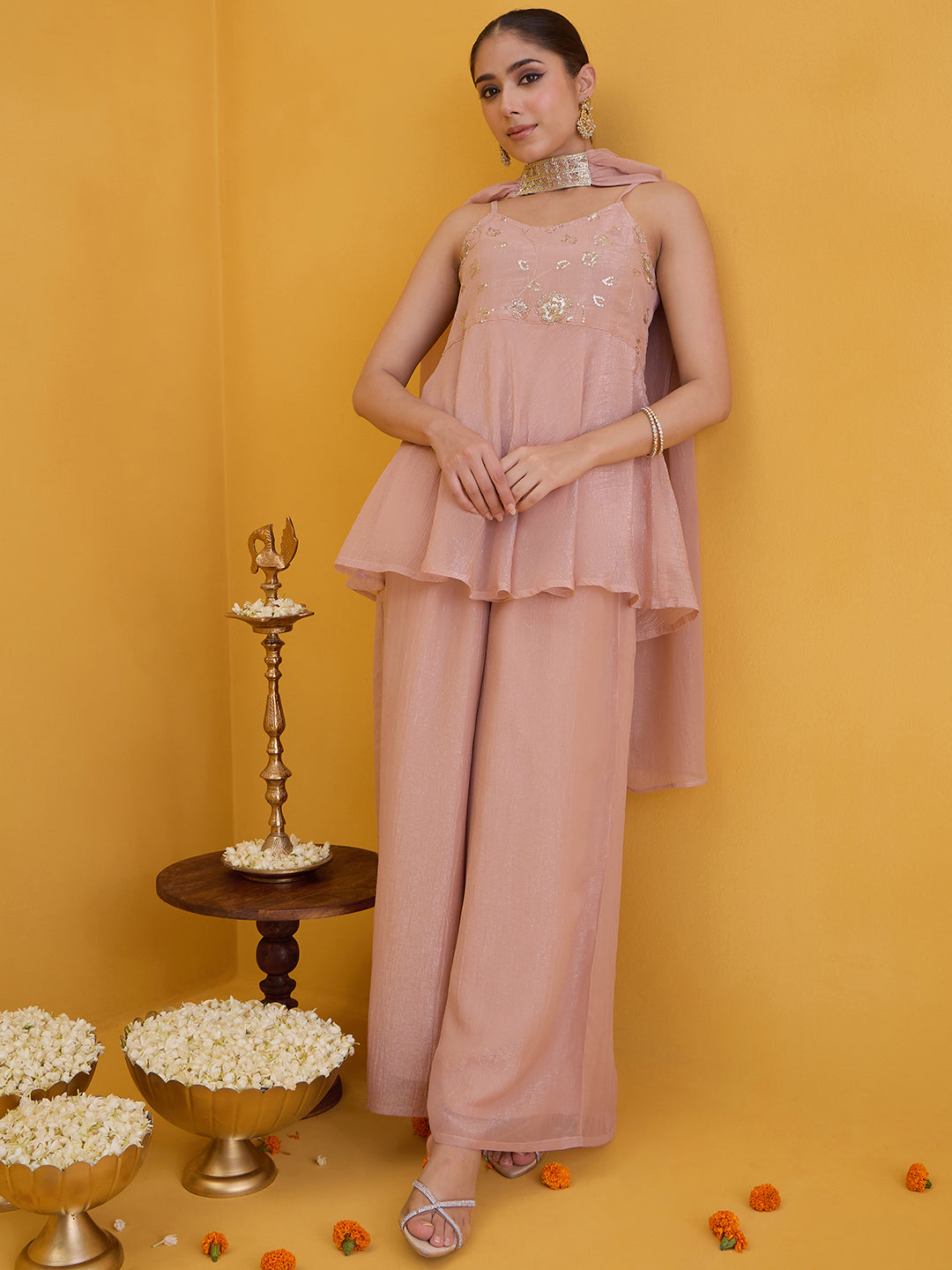 Janasya Women's Peach Tissue Silk Floral Embroidered Peplum Top with Palazzo and Choker Dupatta Set