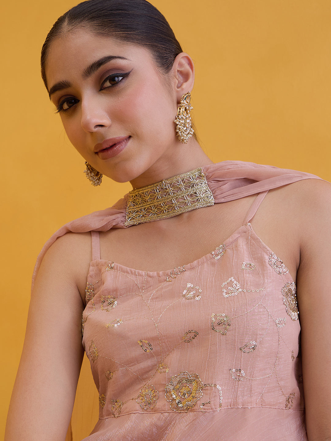 Janasya Women's Peach Tissue Silk Floral Embroidered Peplum Top with Palazzo and Choker Dupatta Set