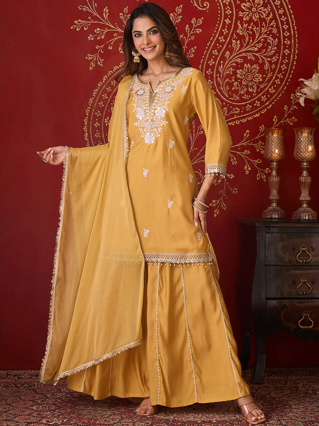 Janasya Women's Yellow Chanderi Silk Floral Embroidered Straight Kurta with Sharara and Dupatta Set