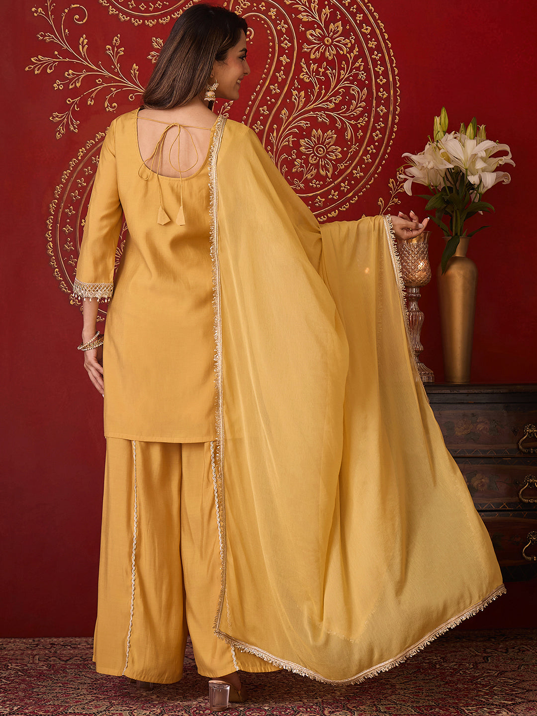 Janasya Women's Yellow Chanderi Silk Floral Embroidered Straight Kurta with Sharara and Dupatta Set