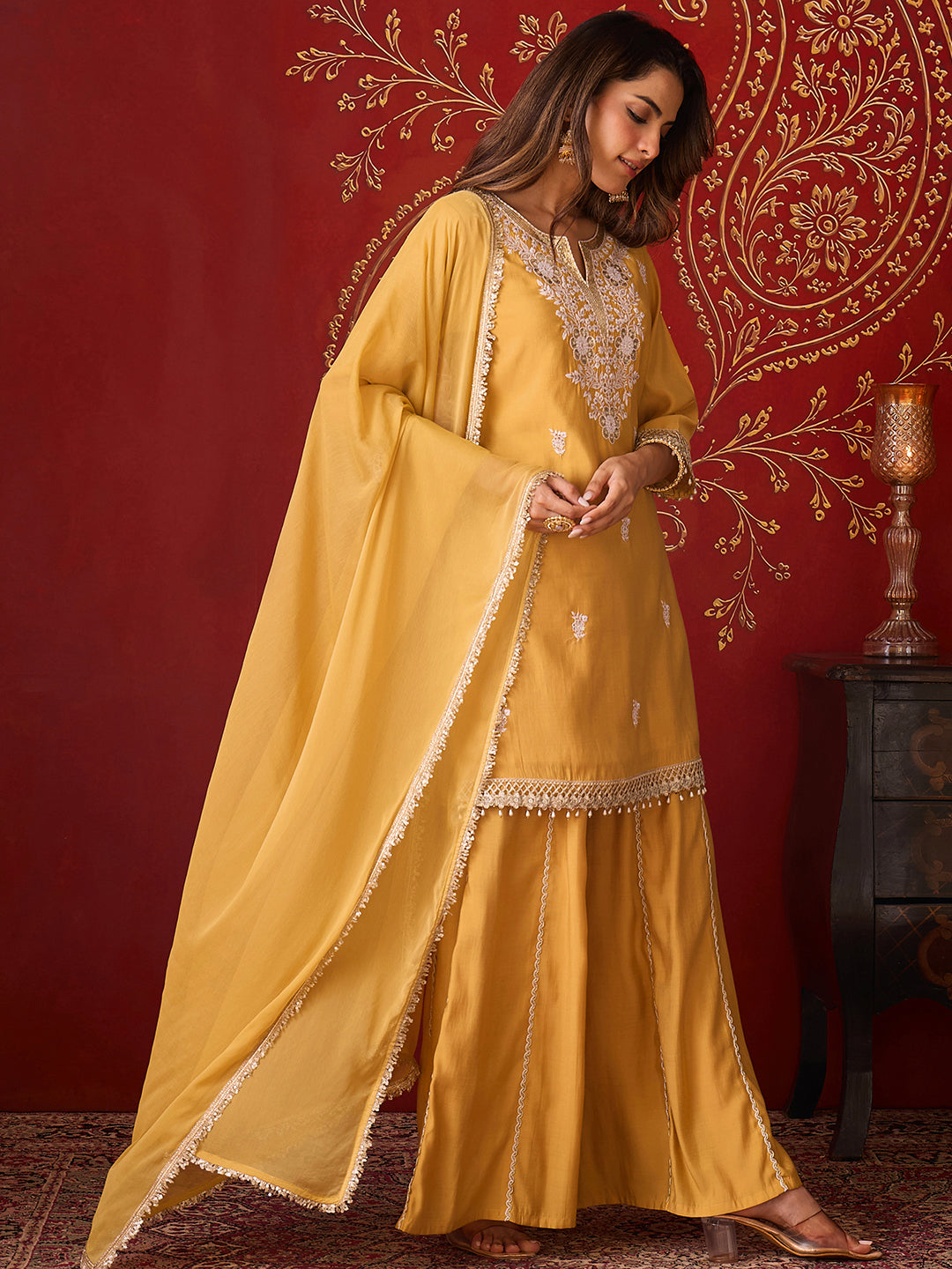 Janasya Women's Yellow Chanderi Silk Floral Embroidered Straight Kurta with Sharara and Dupatta Set