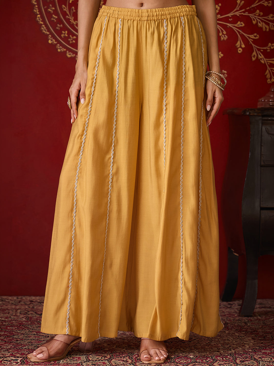 Janasya Women's Yellow Chanderi Silk Floral Embroidered Straight Kurta with Sharara and Dupatta Set