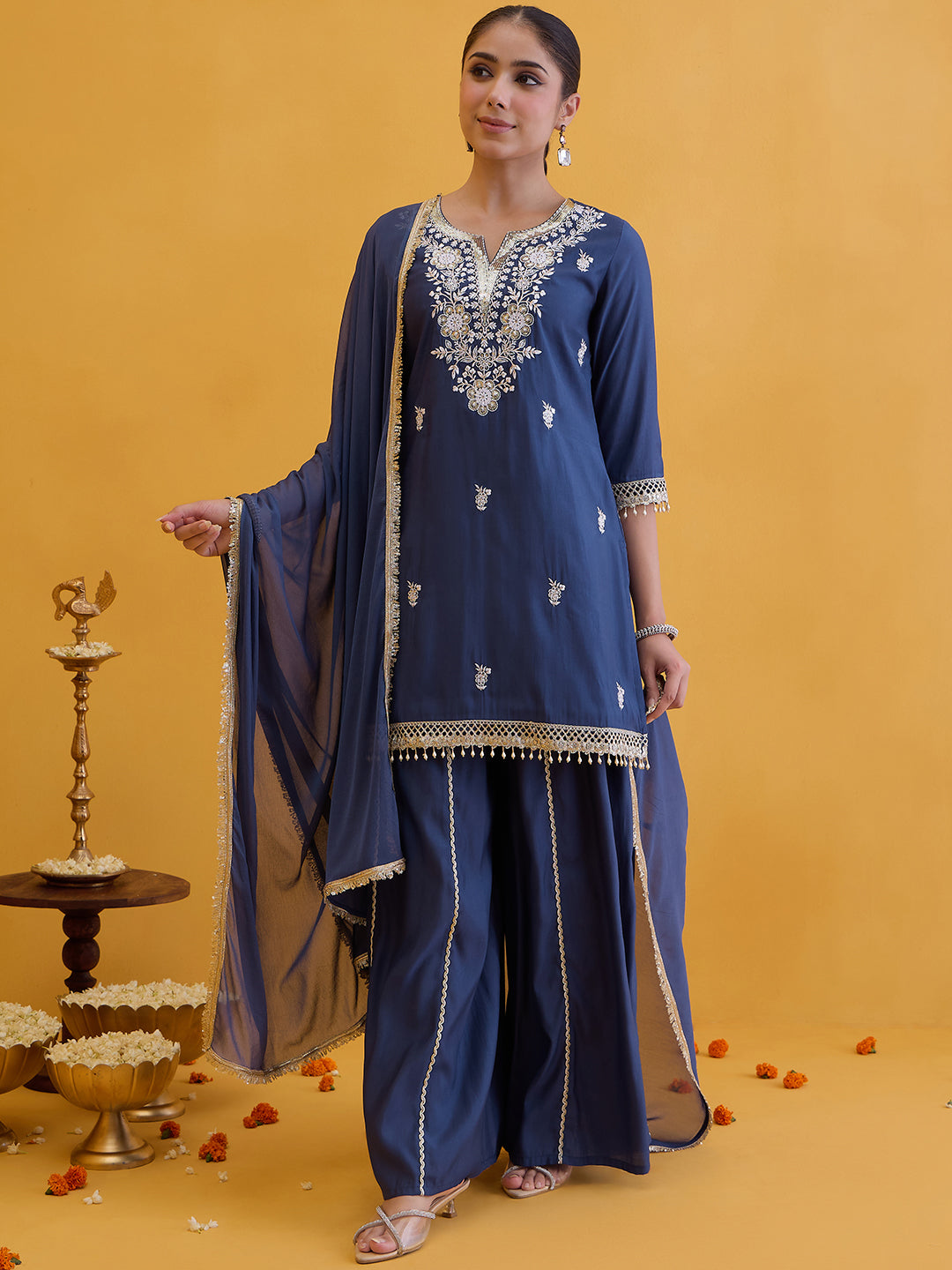 Janasya Women's Blue Chanderi Silk Floral Embroidered Straight Kurta with Sharara And Dupatta Set