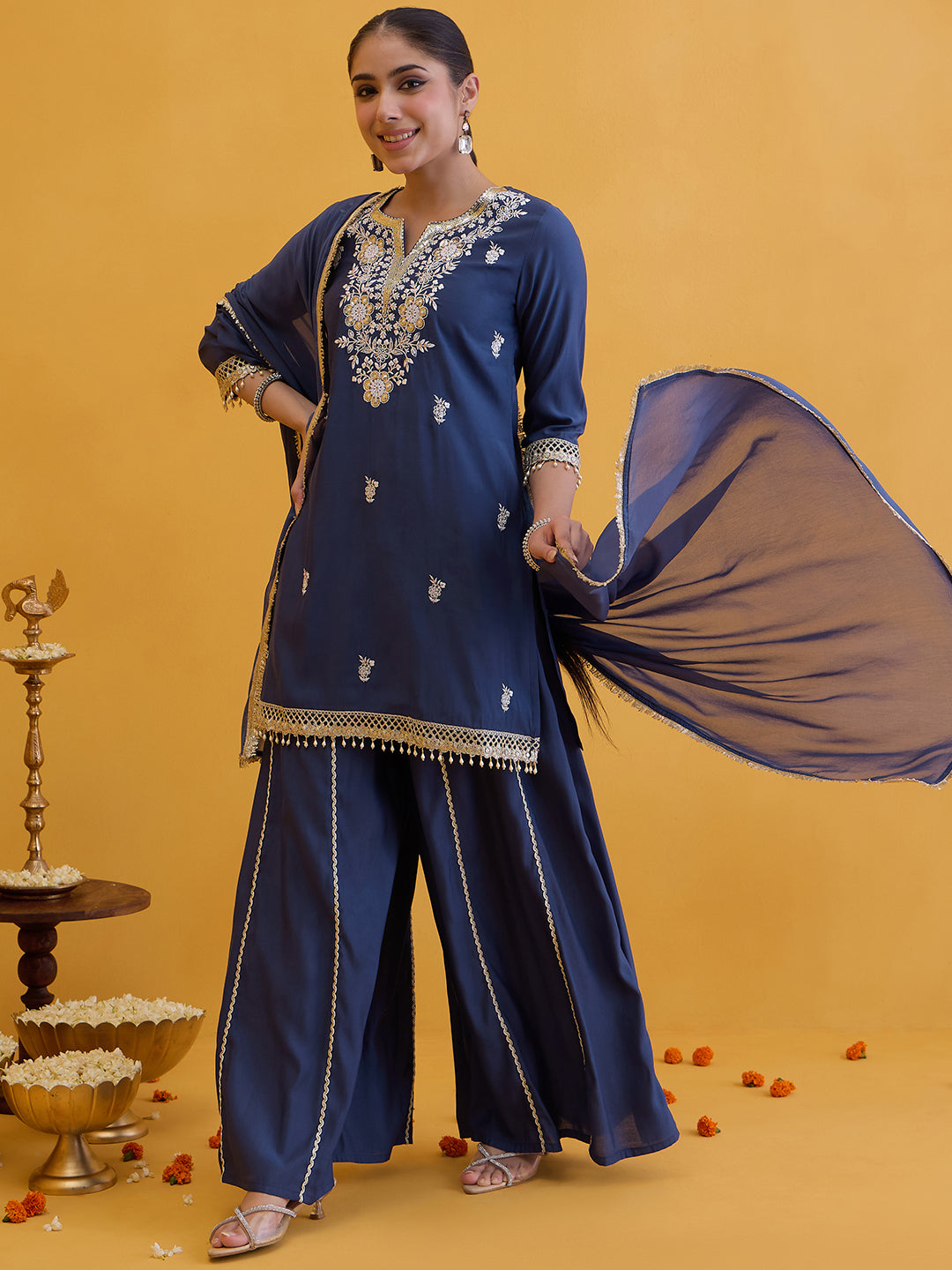 Janasya Women's Blue Chanderi Silk Floral Embroidered Straight Kurta with Sharara And Dupatta Set