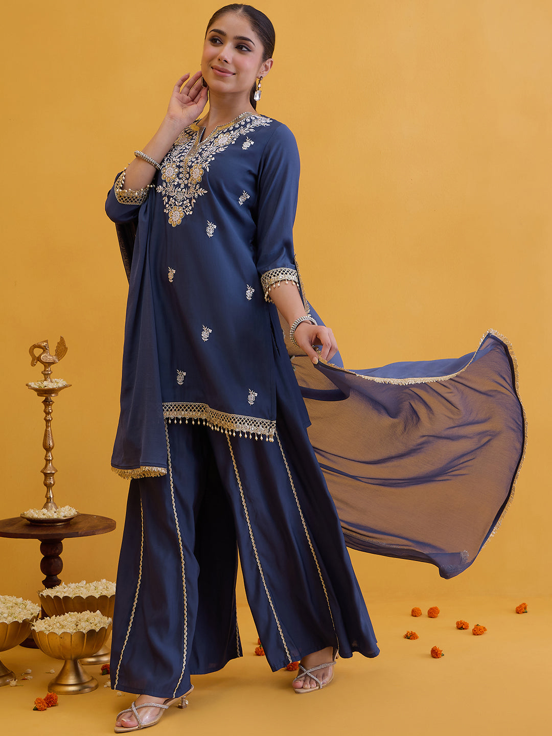 Janasya Women's Blue Chanderi Silk Floral Embroidered Straight Kurta with Sharara And Dupatta Set
