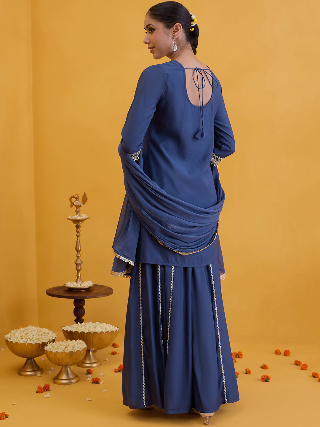 Janasya Women's Blue Chanderi Silk Floral Embroidered Straight Kurta with Sharara And Dupatta Set
