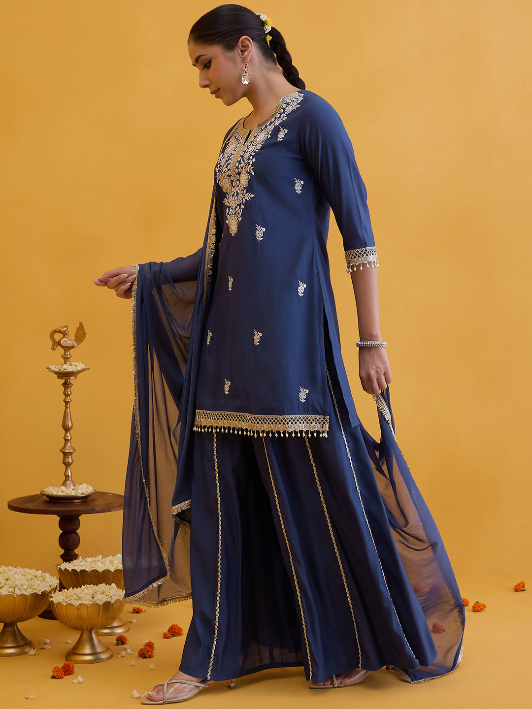 Janasya Women's Blue Chanderi Silk Floral Embroidered Straight Kurta with Sharara And Dupatta Set