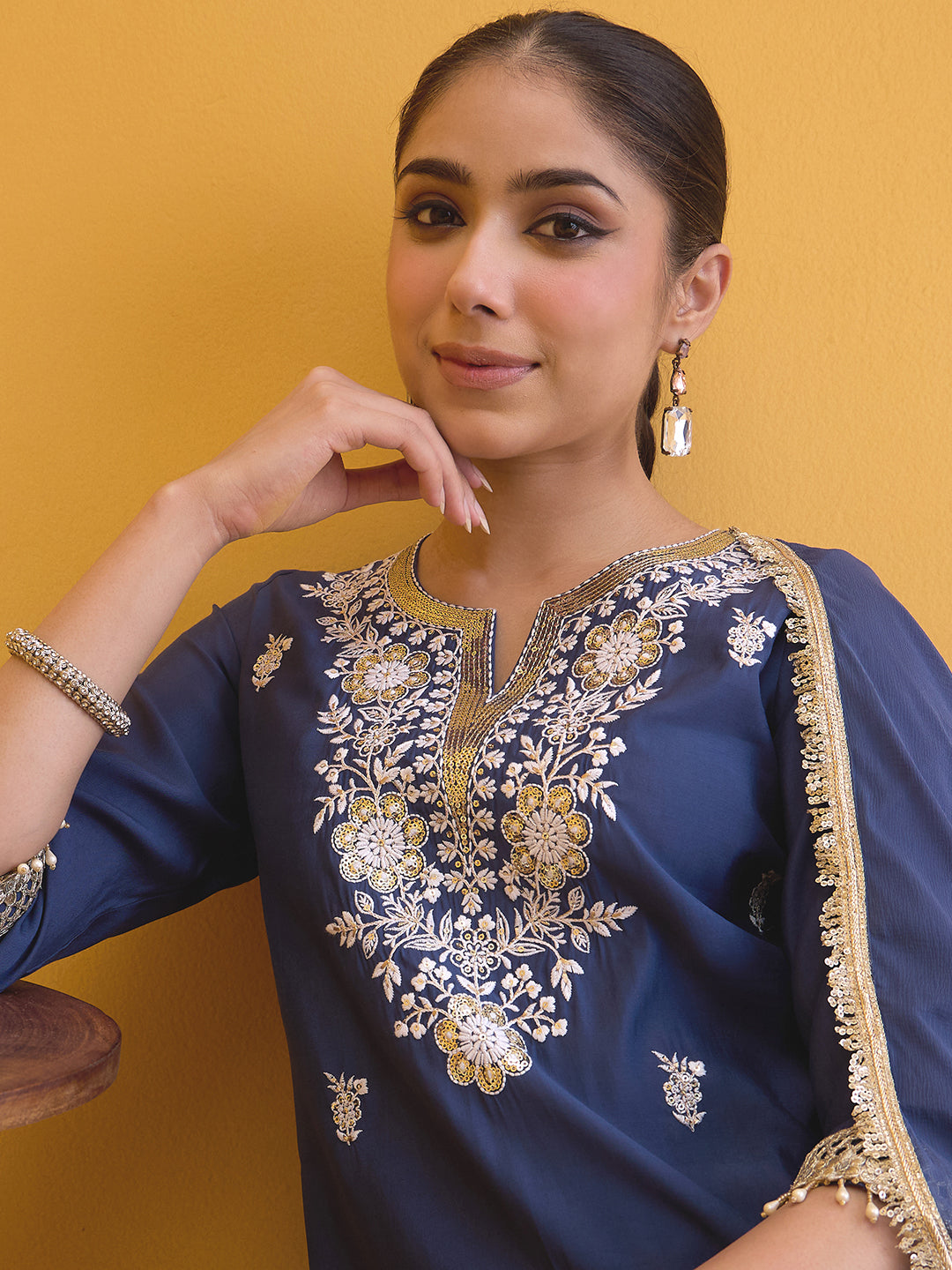Janasya Women's Blue Chanderi Silk Floral Embroidered Straight Kurta with Sharara And Dupatta Set